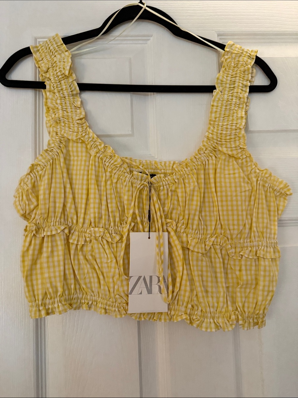 ZARA Yellow Gingham Ruched Ruffle Crop Top